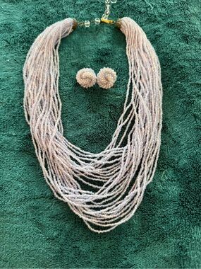 Vintage Multi-Strand Lavender Beaded Necklace with Matching Clip-on Earrings